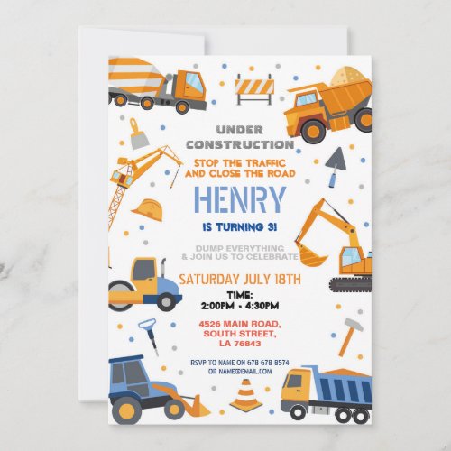 Construction Builder Digger Truck Birthday Party Invitation