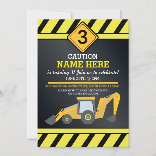 Construction Builder Digger Truck Birthday Party Invitation