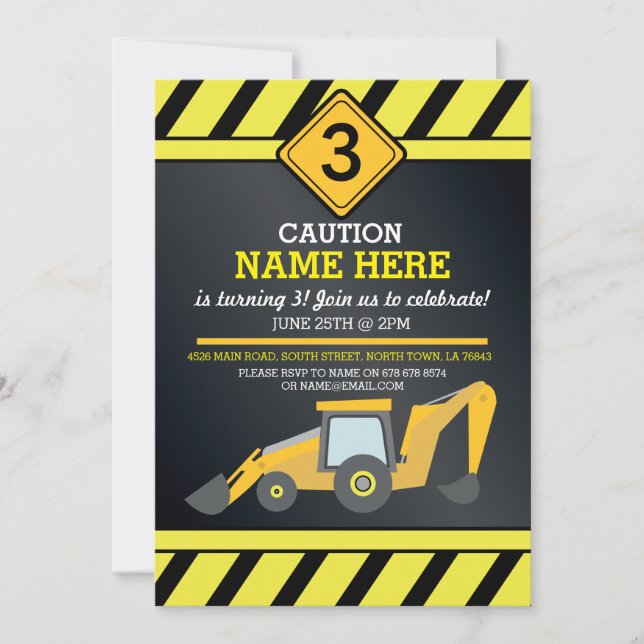 Construction Builder Digger Truck Birthday Party Invitation (Front)