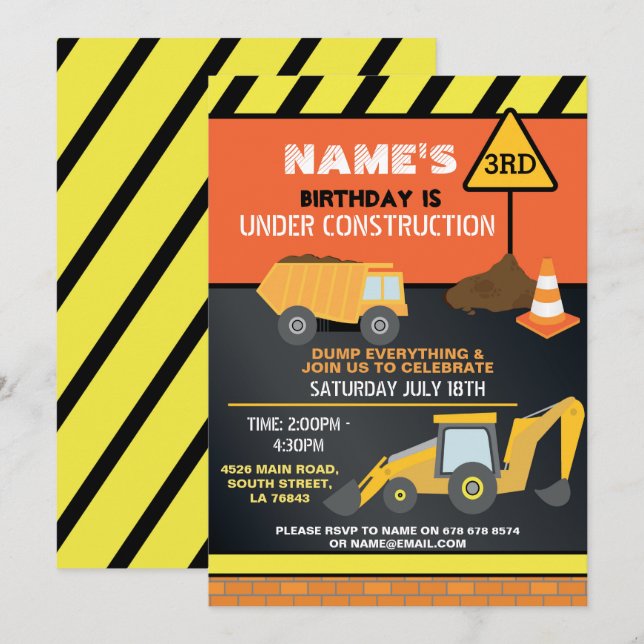 Construction Builder Digger Truck Birthday Party Invitation (Front/Back)