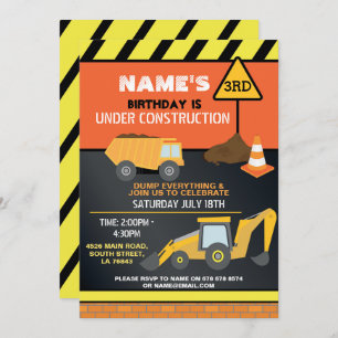 Construction Builder Digger Truck Birthday Party Invitation
