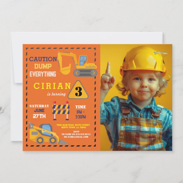 Construction Builder Digger Truck Birthday Party Invitation (Front)