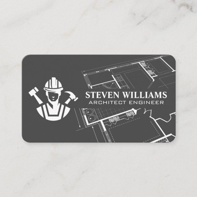 Construction Builder Logo | Blueprint  Business Card (Front)