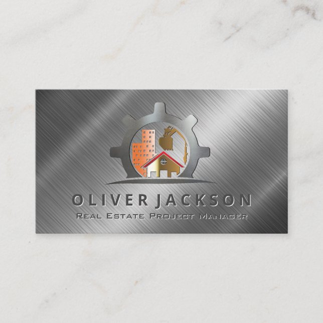 Construction Builder Logo | Metallic Shine Business Card (Front)