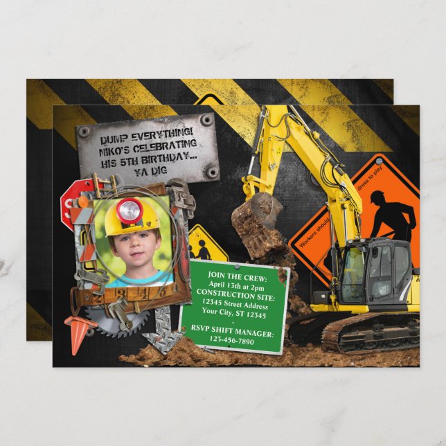 Construction Builder Party Invitation (Front/Back)