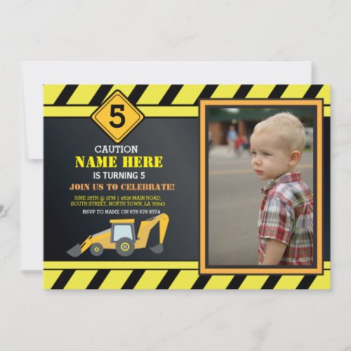 Construction Building Digger Truck Birthday Party Invitation