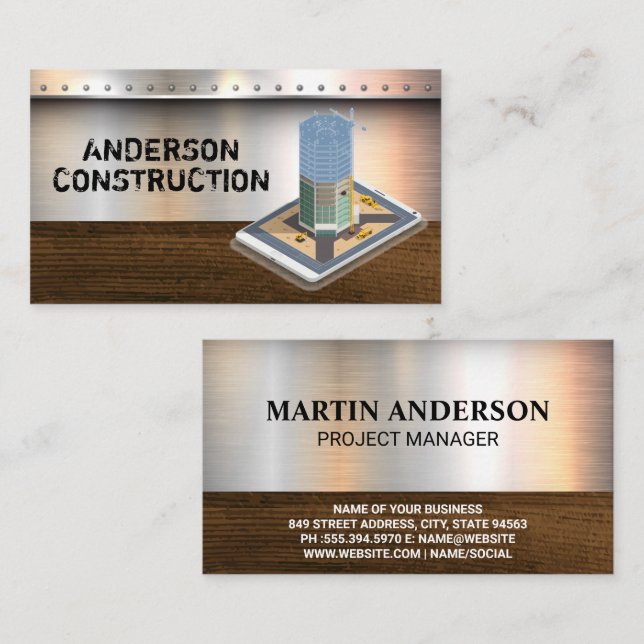 Construction Building | Metal Rivets Wood Business Card (Front/Back)
