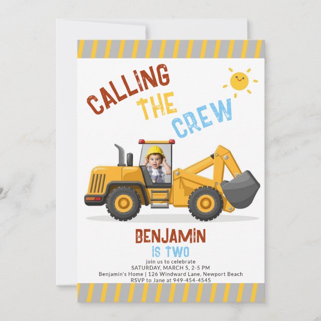 Construction Bulldozer Crew Boy 2nd Birthday Photo Invitation (Front)