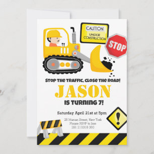Construction Bulldozer Kids Birthday Party Invitation