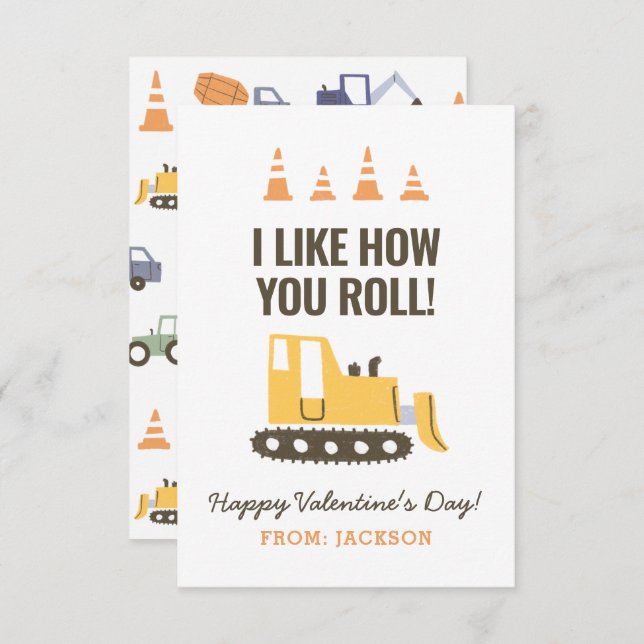Construction Bulldozer Kids Classroom Valentine Note Card (Front/Back)