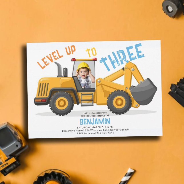 Construction Bulldozer Level Up Photo 3rd Birthday Invitation (photo construction invitation 3rd birthday second boys bulldozer vehicle theme personalized cute fun)