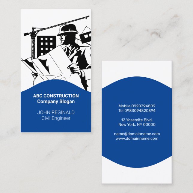 Construction Business Blue and White Business Card (Front/Back)