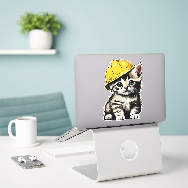 Construction Cat Sticker (Laptop On Desk)