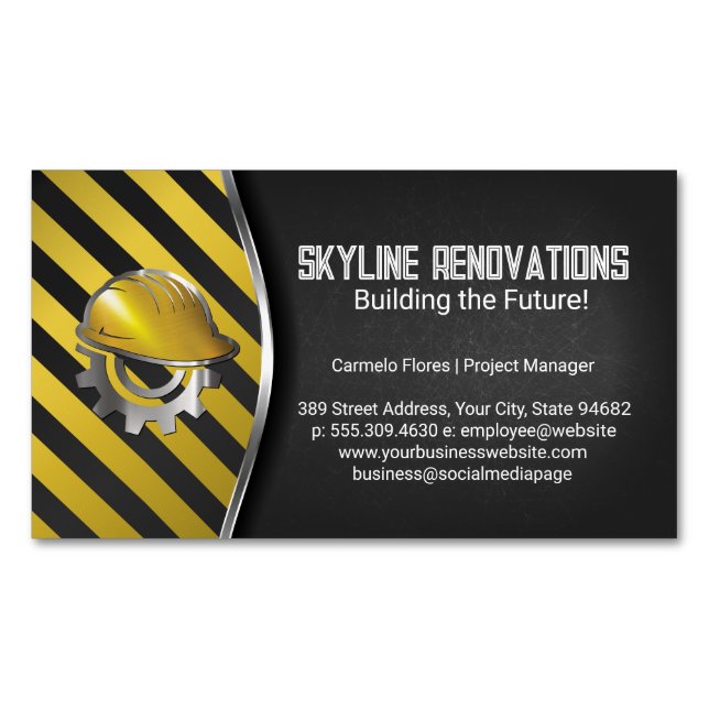 Construction Caution | Hard Hat Helmet Business Card Magnet (Front)