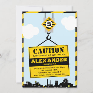 Construction Caution Sign Boy Birthday Party Invitation