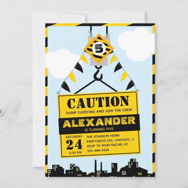Construction Caution Sign Boy Birthday Party   Invitation (Front)