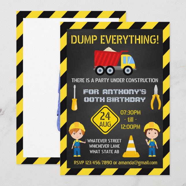 Construction Chalkboard Birthday Party photo Invitation (Front/Back)