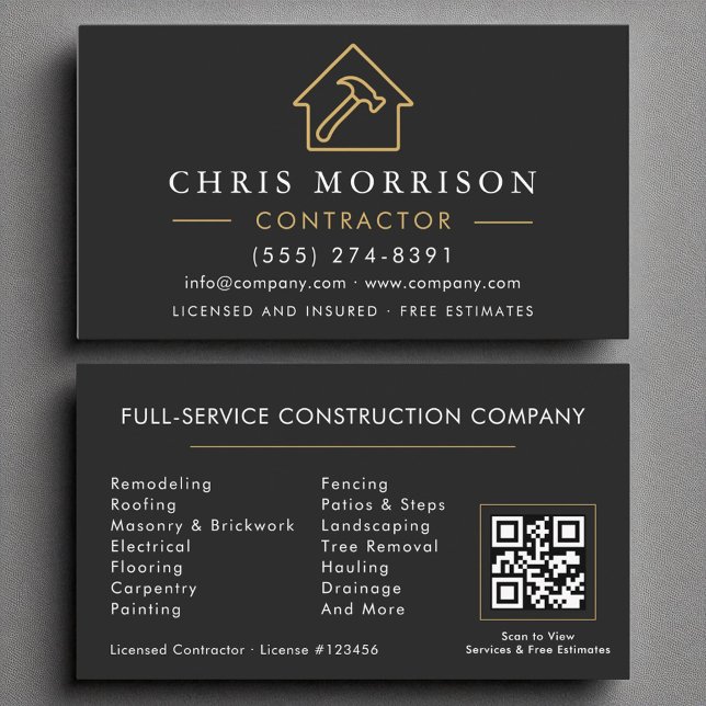 Construction Company Black Gold Luxury QR Code Business Card (Creator Uploaded)