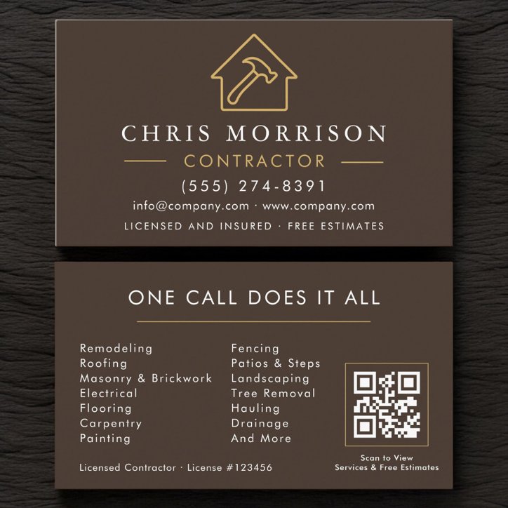 Construction Company Brown Gold QR Code Business Card