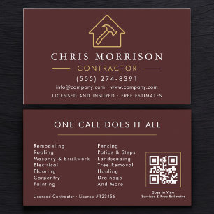 Construction Company Burgundy Gold QR Code Business Card