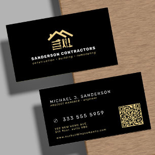 Construction company modern gold black QR code Business Card