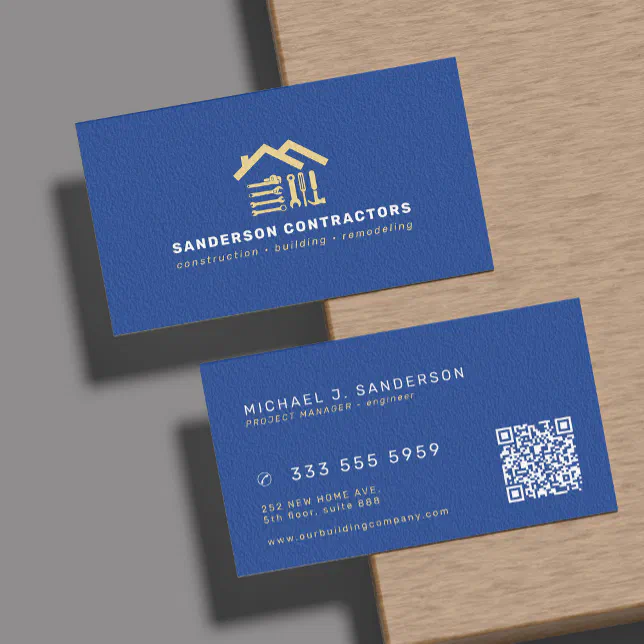 Construction company modern royal blue gold QR Business Card | Zazzle