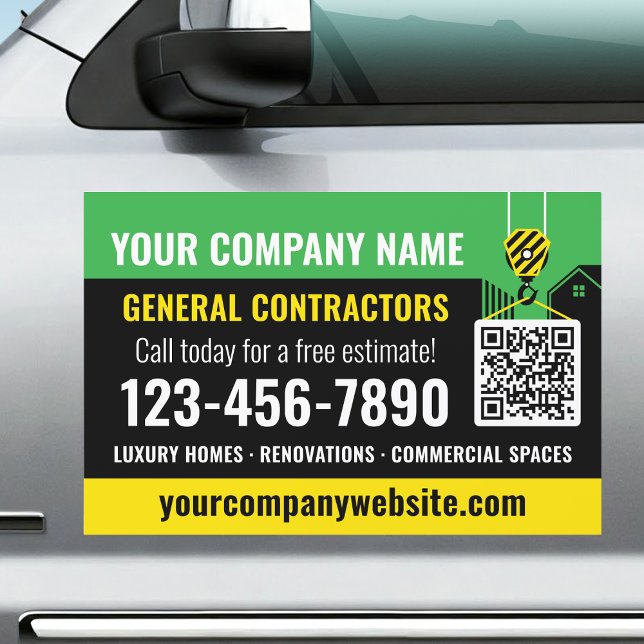 Construction Company QR Code Green Promotional Car Magnet (Creator Uploaded)