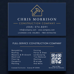 Construction Company QR Code Navy Blue Gold  Business Card