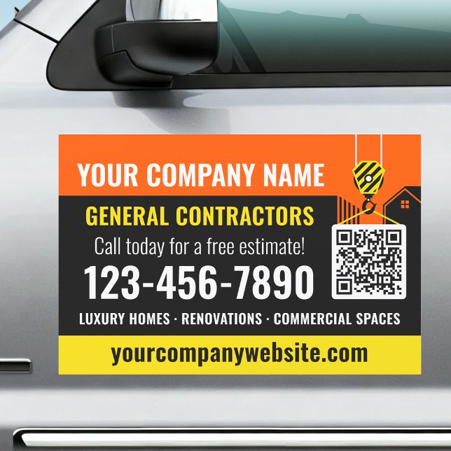 Construction Company QR Code Orange Promotional Car Magnet (Creator Uploaded)