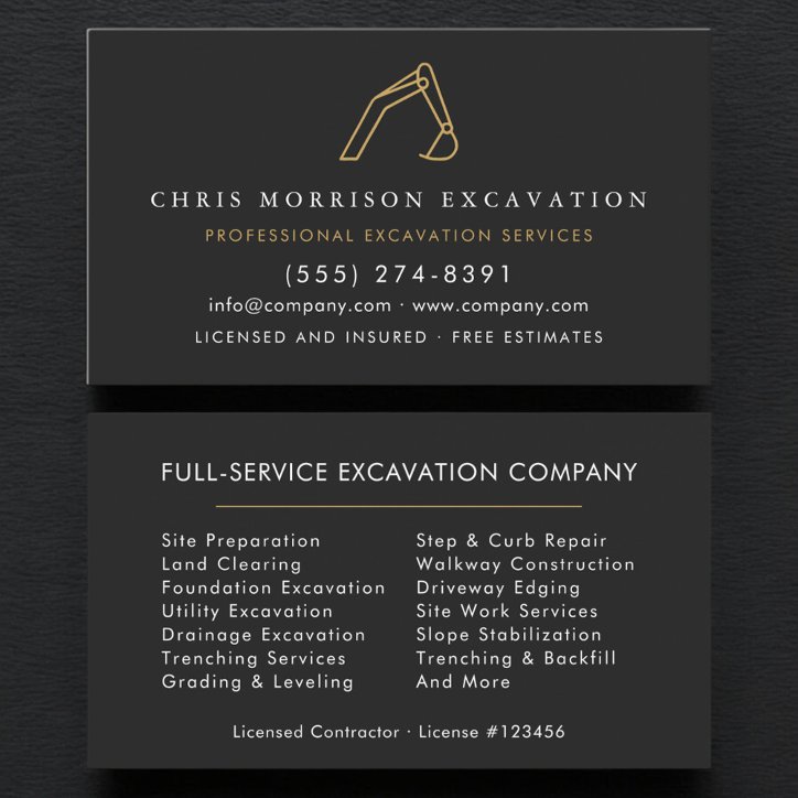 Construction Contractor Excavation Services Business Card