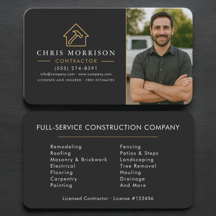 Construction Contractor Photo Black Gold Business Card