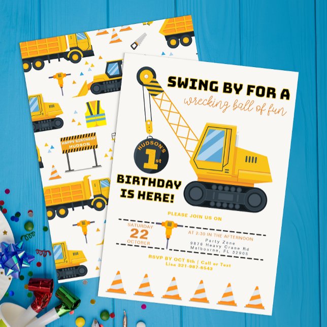 Construction Crane Birthday Invitation – Yellow (Construction Vehicle Birthday Invite)