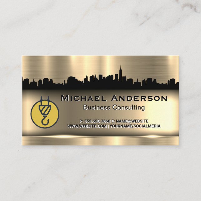 Construction Crane | City Skyline | Gold Metallic Business Card (Front)