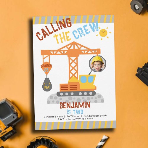 Construction Crane Crew Boy 2nd Birthday Photo Invitation