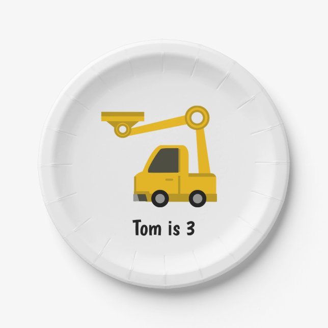 Construction Crane Truck Personalized Birthday  Paper Plates (Front)