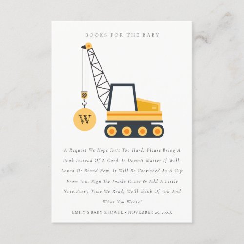 Construction Crane Vehicle Books For Baby Shower Enclosure Card