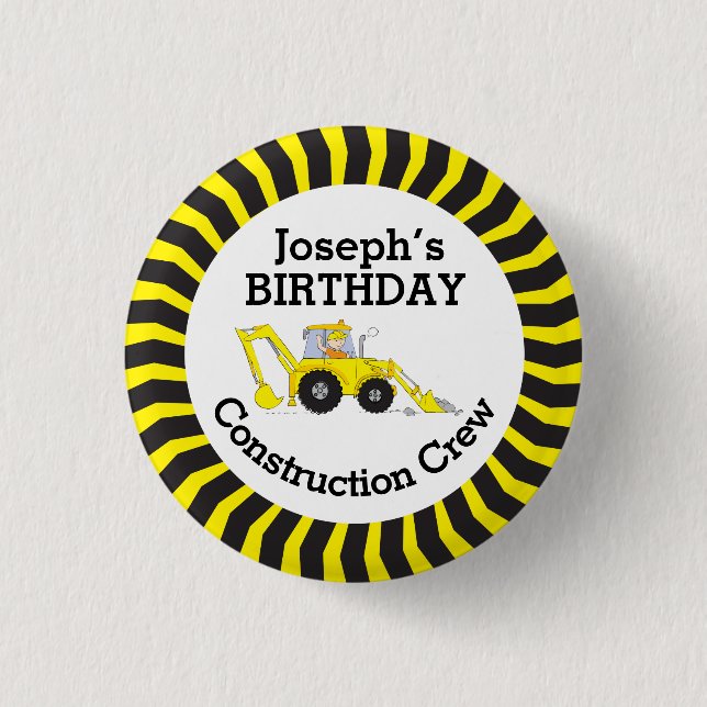 Construction crew boys birthday badge button (Front)