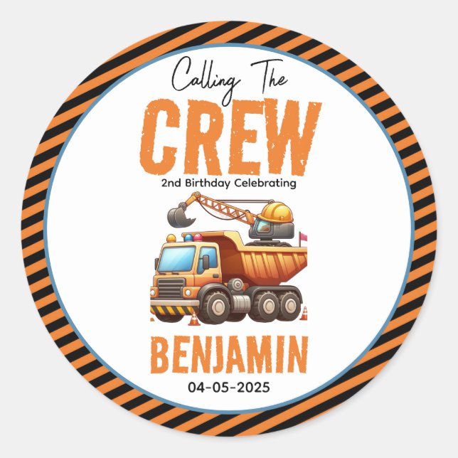 Construction Crew Dump Truck Boy 2nd Birthday Classic Round Sticker (Front)
