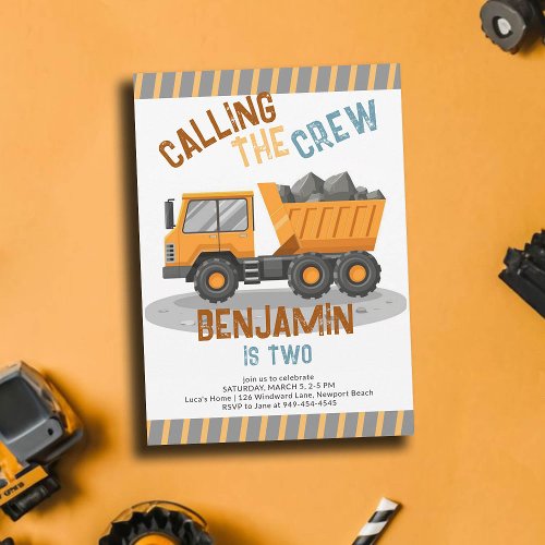 Construction Crew Dump Truck Boy 2nd Birthday Invitation