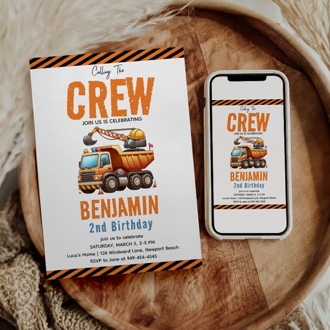 Construction Crew Dump Truck Boy 2nd Birthday Invitation (Creator Uploaded)