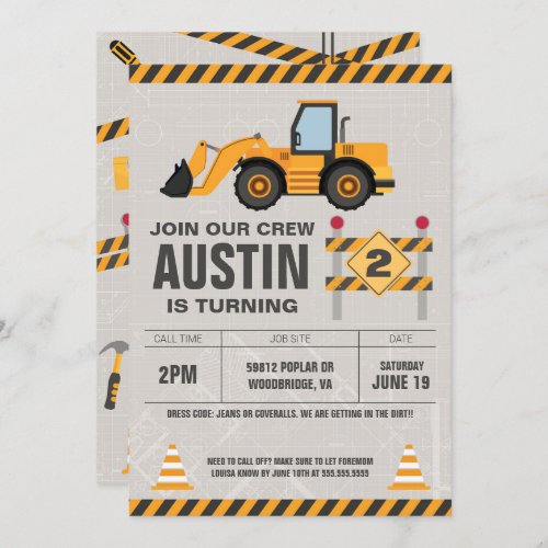 Construction Crew Kids Birthday Party Invitation