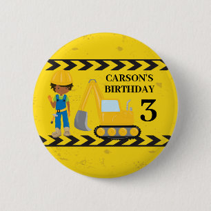 Construction Custom African American Birthday Boy Button