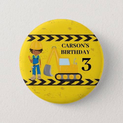 Construction Custom African American Birthday Boy Button