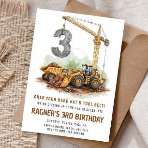 Construction Digger 3rd Birthday Invitation