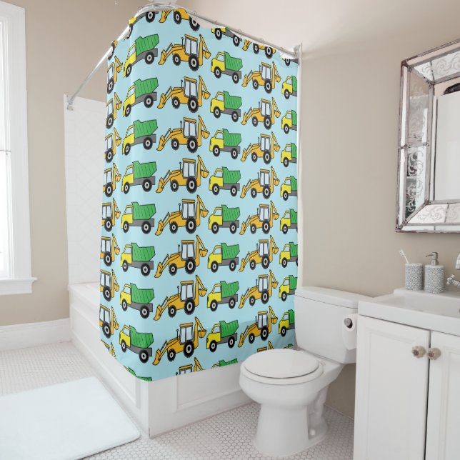 Construction Digger and Dump Truck Pattern Shower Curtain (In Situ)