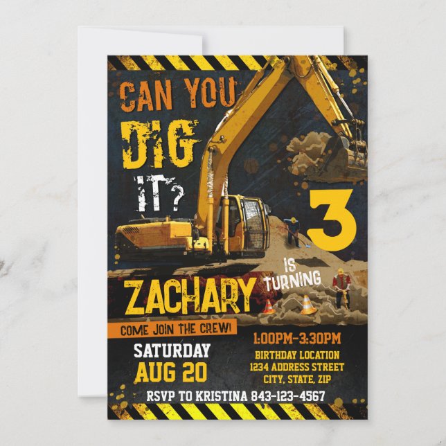 Construction Digger Birthday Invitation Template (Front)