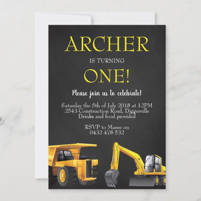 Construction Digger Boy Birthday Invite Invitation (Front)