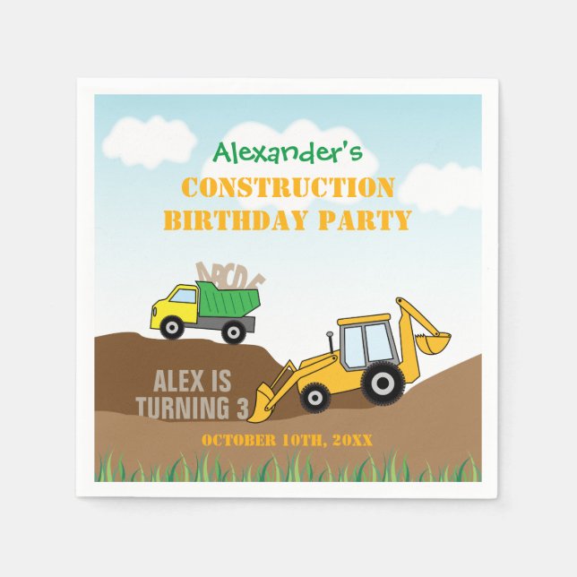 Construction Digger Boy's Birthday Party Napkins (Front)