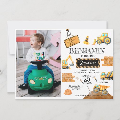 Construction Digger Trucks 1st Birthday Party Invitation