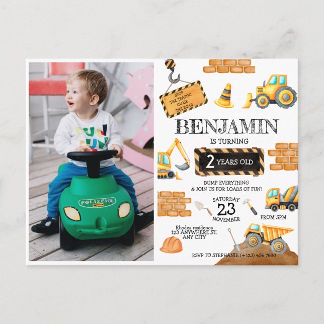 Construction Digger Trucks 1st Birthday Party Postcard (Front)